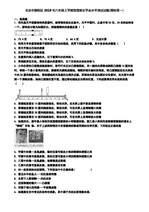 北京市朝阳区2019年八年级上学期物理期末学业水平测试试题(模拟卷一)