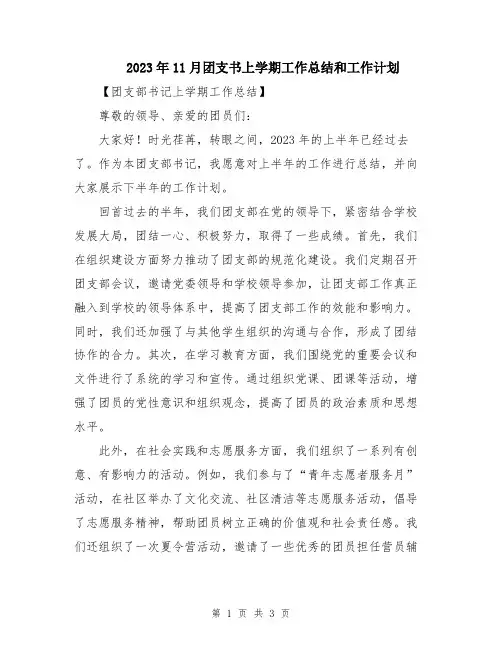 2023年11月团支书上学期工作总结和工作计划