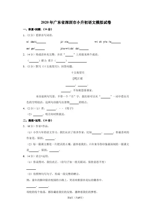 2020年广东省深圳市小升初语文模拟试卷及答案解析