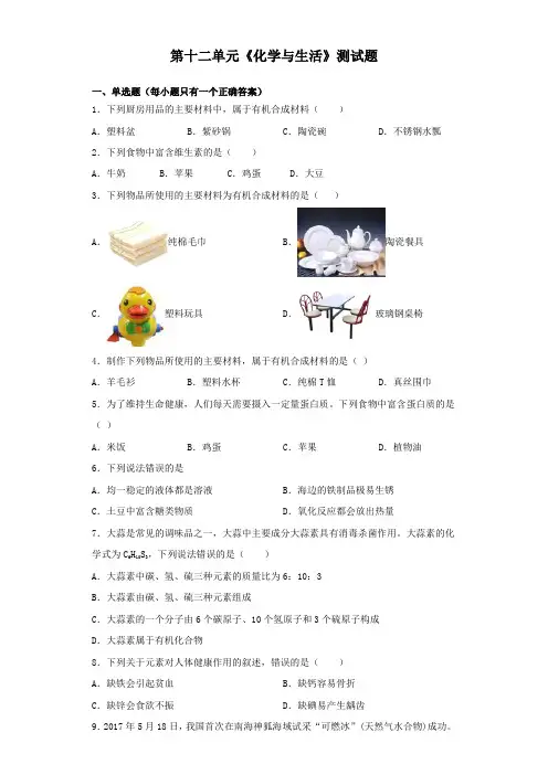 人教版初中化学九年级下册第十二单元《化学与生活》测试试题(含答案)