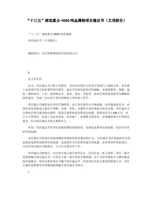 “十三五”规划重点-5000吨金属钠项目建议书(立项报告)