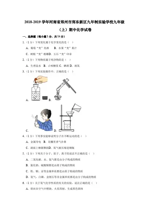 2018-2019学年河南省郑州市郑东新区九年制实验学校九年级(上)期中化学试卷(1)