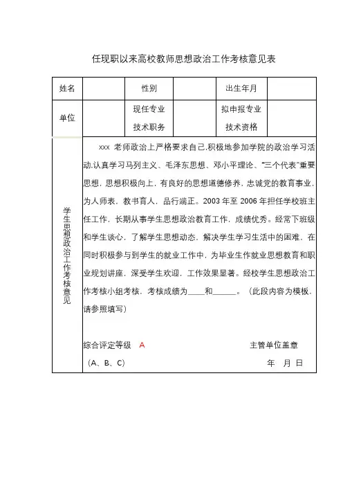 任现职以来高校教师思想政治工作考核意见表【模板】