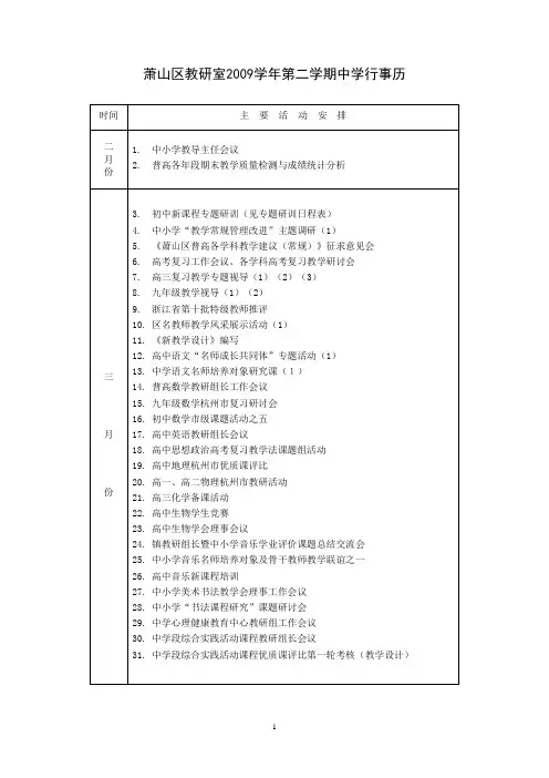 萧山区教研室2009学年第二学期中学行事历