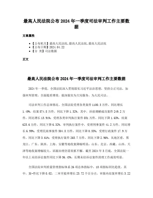 最高人民法院公布2024年一季度司法审判工作主要数据