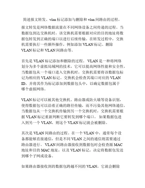 简述报文转发、vlan标记添加与删除和vlan间路由的过程。