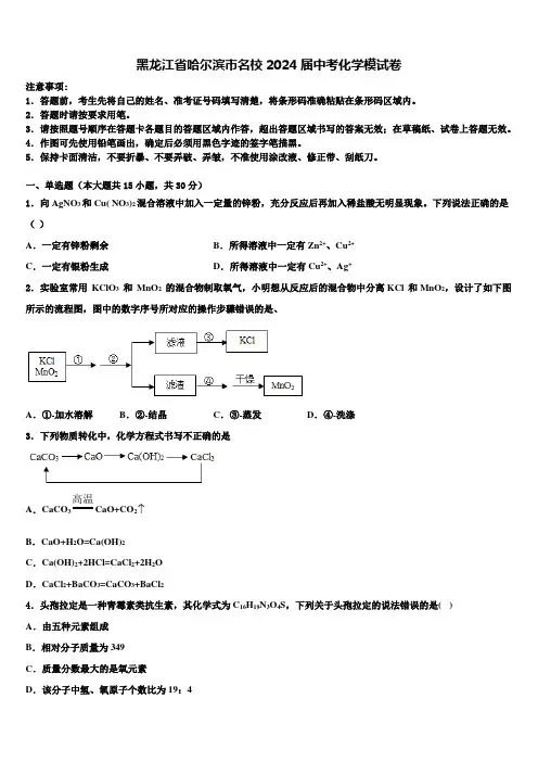 黑龙江省哈尔滨市名校2024届中考化学模试卷含解析