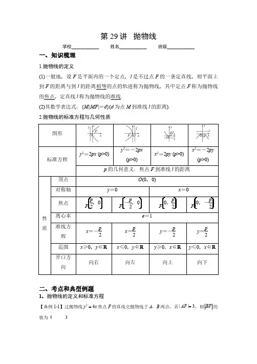 第29讲   抛物线(解析)-2023年高考一轮复习精讲精练必备