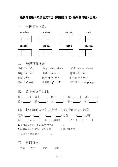 最新部编版六年级语文下册《骑鹅旅行记》课后练习题(合集)