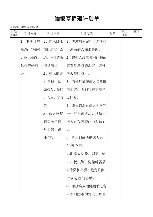 脑梗塞护理计划单