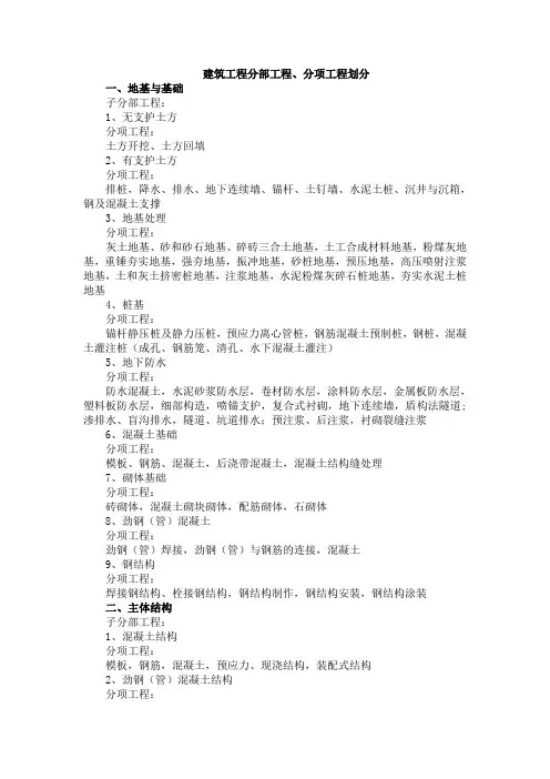 建筑工程分部工程、分项工程划分