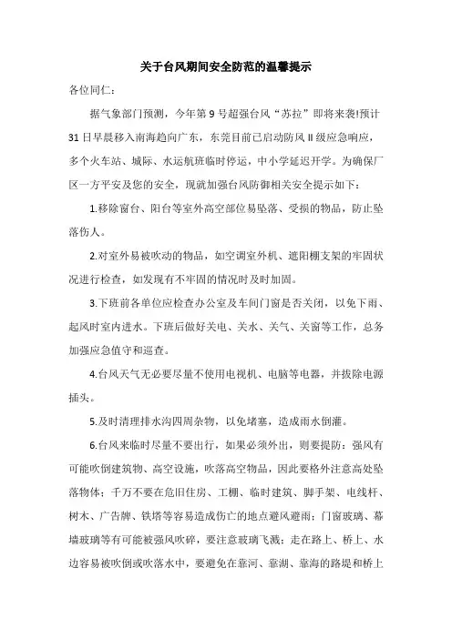 关于台风期间安全防范的温馨提示范文