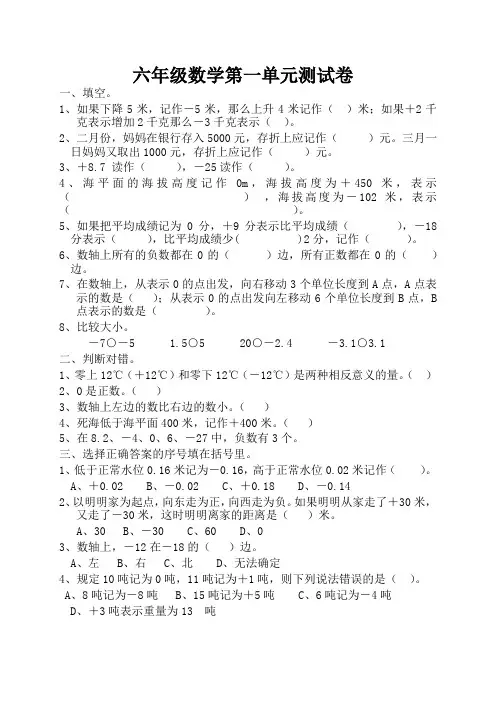 人教版六年级下册数学第一二三四五六单元试卷(2020新教材)