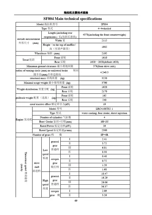 80型拖拉机主要技术规格