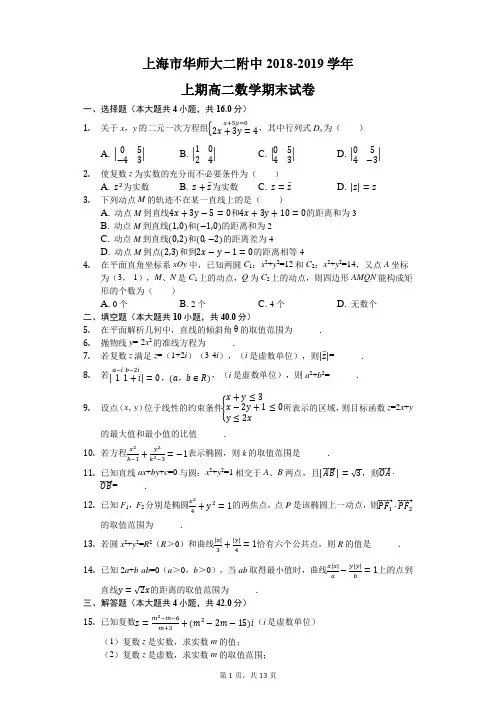 上海市华师大二附中2018-2019学年上期高二数学期末试题及答案解析(WORD版)