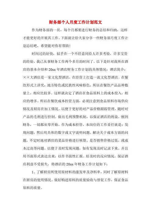 2019年财务部个人月度工作计划范文