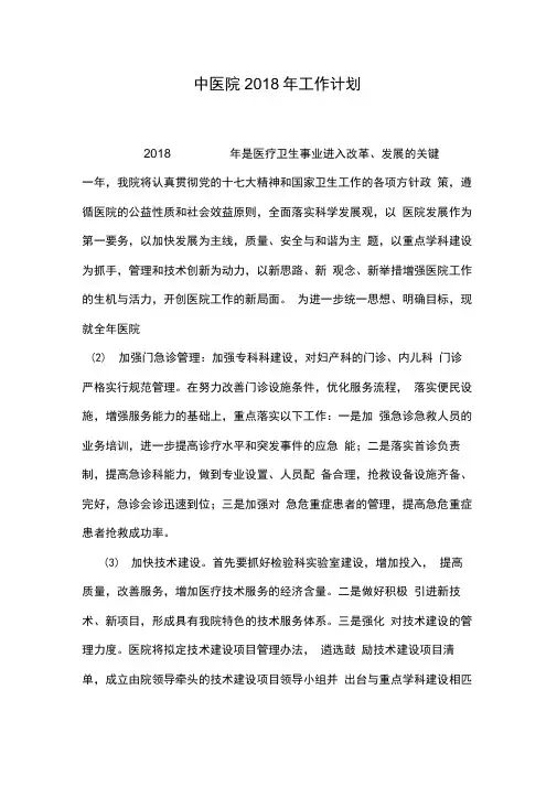 中医院2018年工作计划