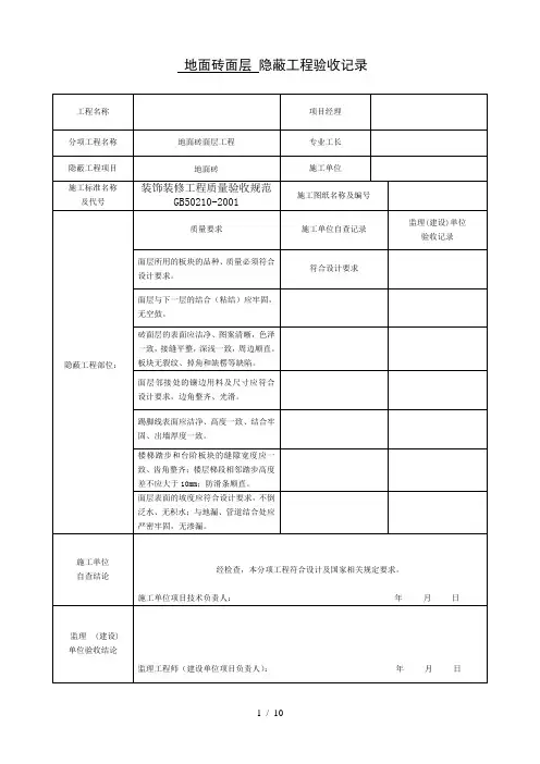 装饰装修隐蔽工程验收记录表(全套)