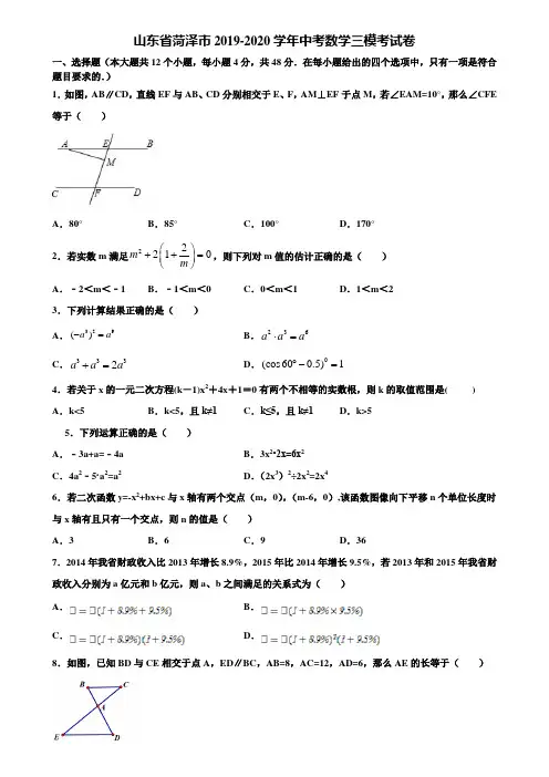 山东省菏泽市2019-2020学年中考数学三模考试卷含解析