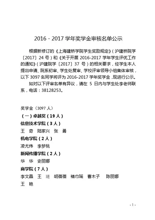 2016-2017学年奖学金审核名单公示