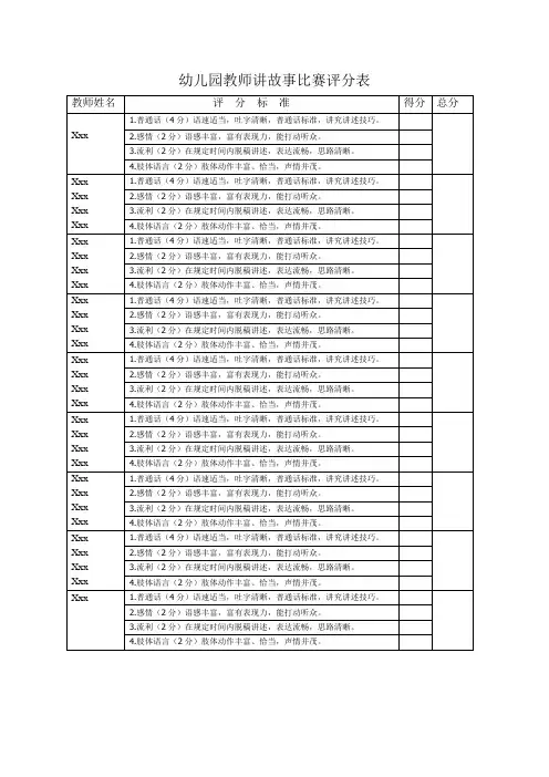 幼儿园教师讲故事比赛评分表