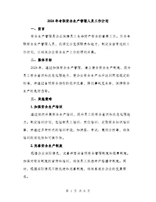 2024年专职安全生产管理人员工作计划(2篇)