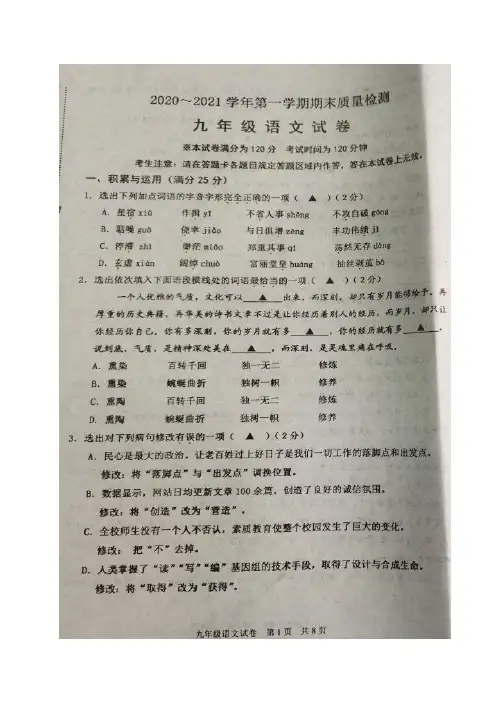 辽宁省葫芦岛兴城市2020-2021学年九年级上学期期末质量检测语文试题(图片版)
