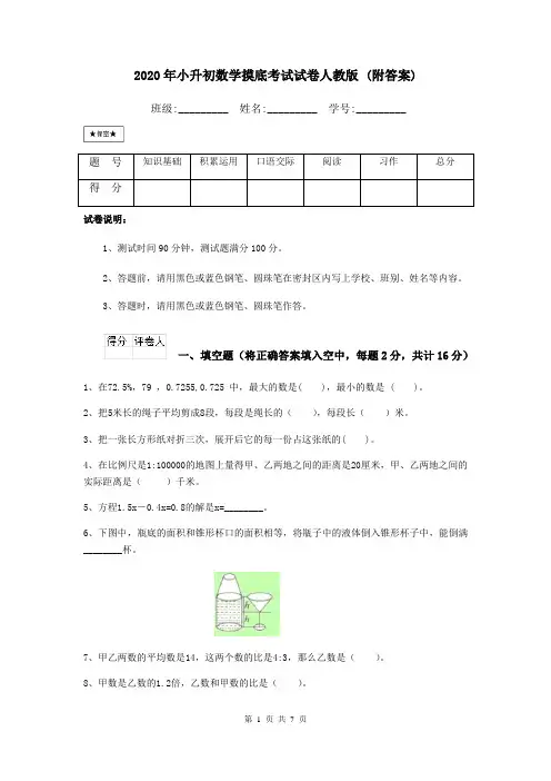 2020年小升初数学摸底考试试卷人教版 (附答案)