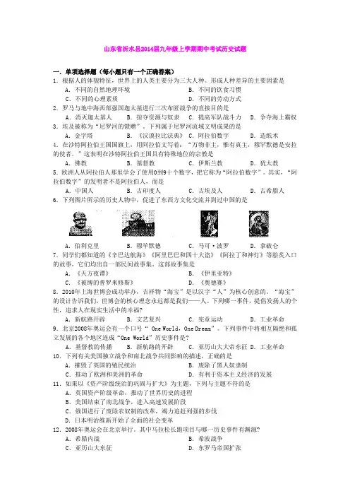 山东省沂水县2014届九年级上学期期中考试历史试题