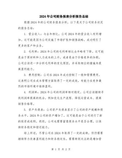 2024年公司财务报表分析报告总结