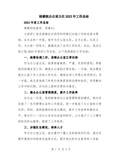 检察院办公室主任2023年工作总结