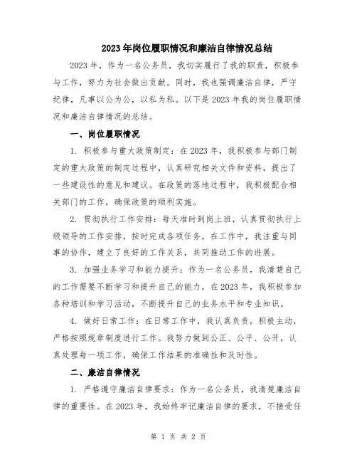 2023年岗位履职情况和廉洁自律情况总结