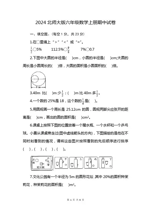 2024北师大版六年级数学上册期中试卷