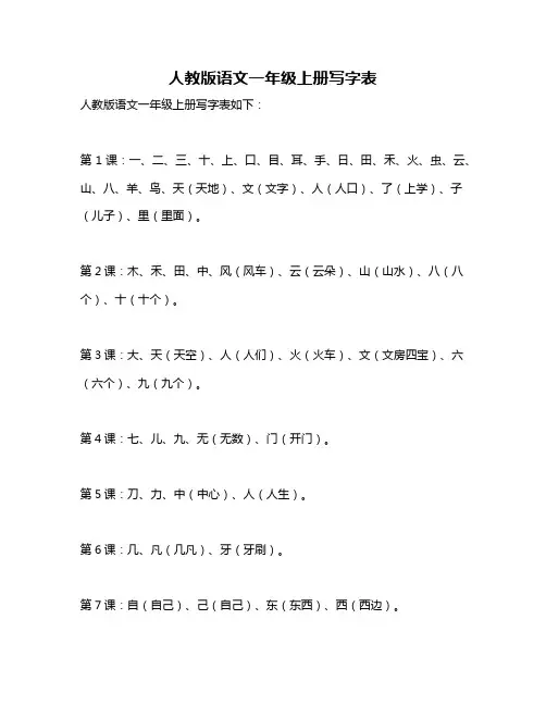 人教版语文一年级上册写字表