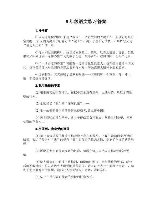 9年级语文同步练习答案