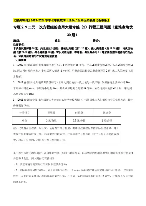 专题2-9二元一次方程组的应用大题专练(2)行程工程问题(重难点培优30题)-(0002)