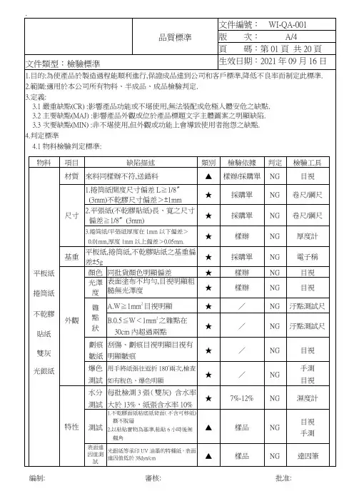 印刷产品品质标准