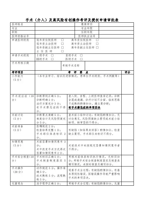 手术(介入)及高风险有创操作考评及授权申请审批表