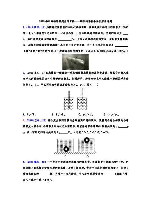 2019年中考物理真题分类汇编——物体的浮沉条件及应用专题(word版含答案)