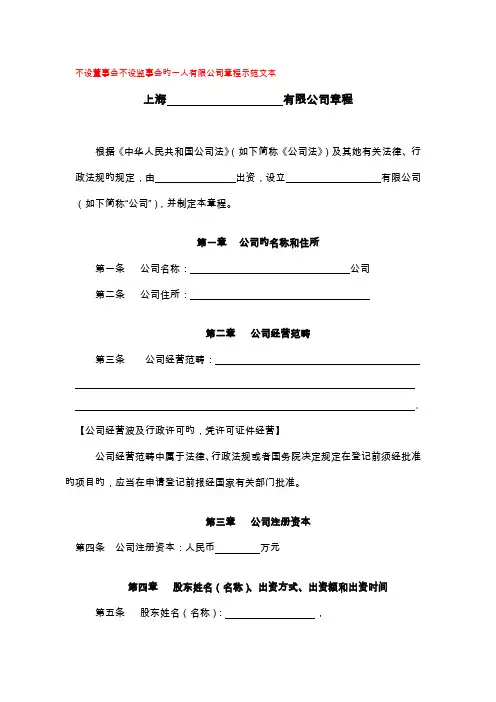 不设董事会不设监事会的一人有限公司章程示范文本