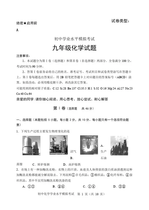 九年级化学中考模拟试题及答案