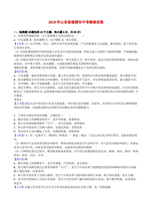 山东省淄博市2019年中考物理真题试题(含解析)