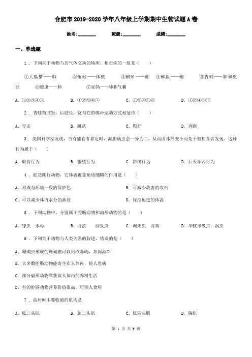 合肥市2019-2020学年八年级上学期期中生物试题A卷