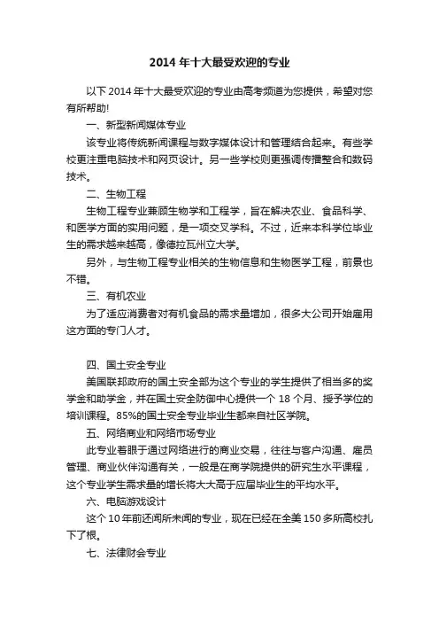 2014年十大最受欢迎的专业