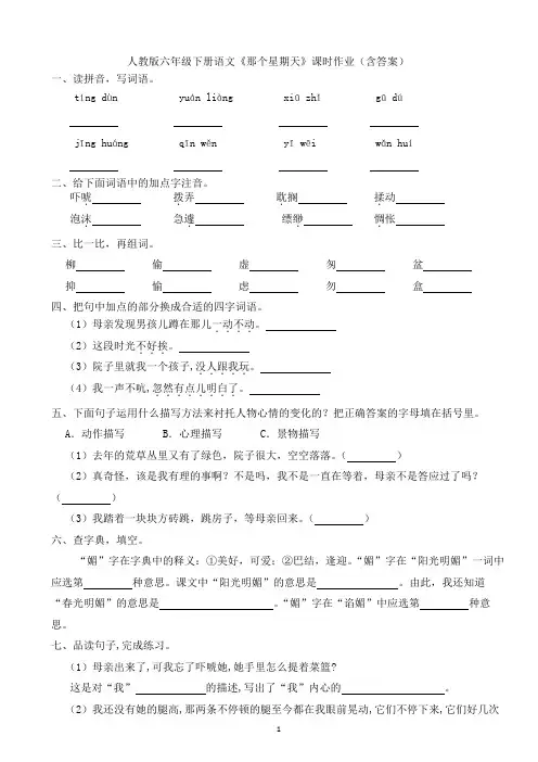 人教版六年级下册语文《那个星期天》课时作业(含答案)