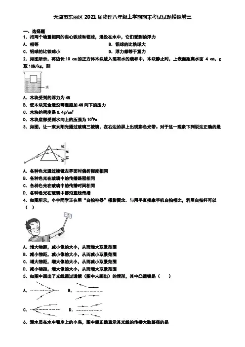 天津市东丽区2021届物理八年级上学期期末考试试题模拟卷三
