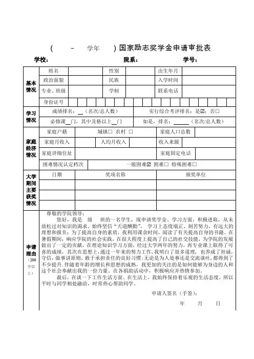 国家励志奖学金申请审批表