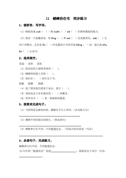 人教部编版四年级语文上册11  蟋蟀的住宅同步练习(含答案)