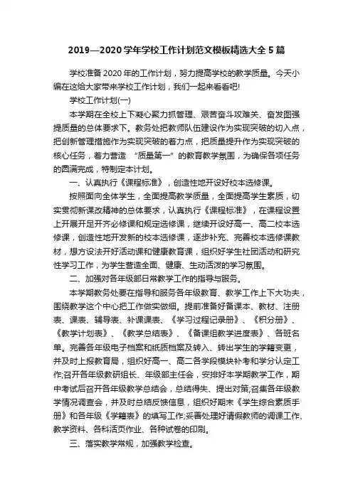 2019—2020学年学校工作计划范文模板精选大全5篇