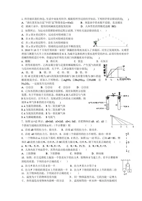 九年级科学期中模拟